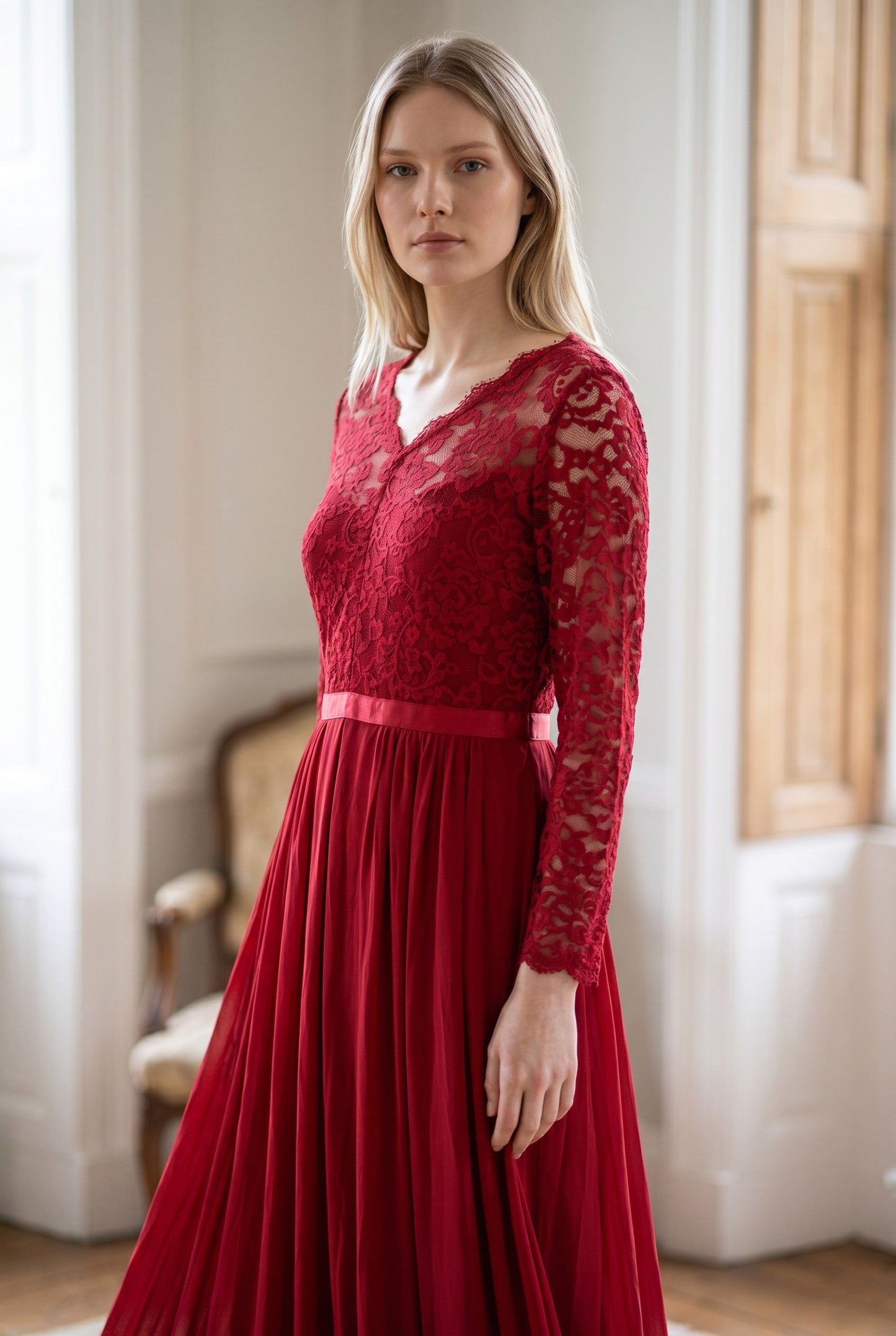 Retro Floral Lace 3/4 Sleeve Bridesmaid Maxi Dress – Red XX‑Large