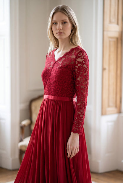 Retro Floral Lace 3/4 Sleeve Bridesmaid Maxi Dress – Red XX‑Large