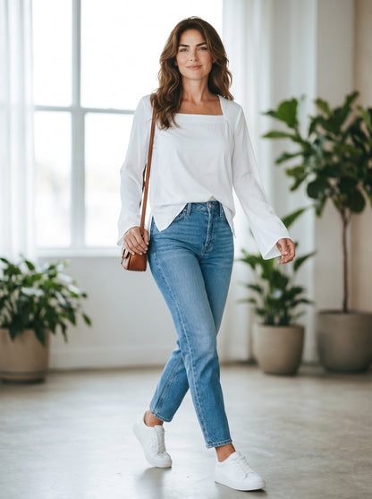 Women's Square Neck Top Casual Solid Long Sleeve Satin Blouse – White S