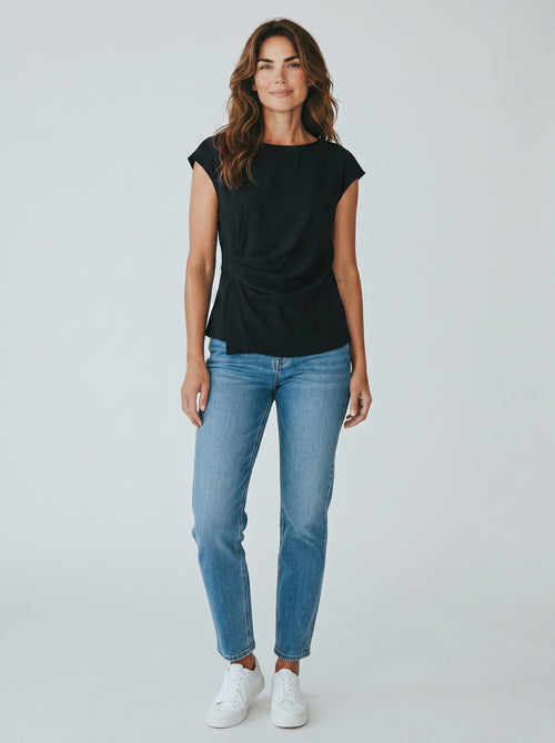 Women's Short Sleeve Crew Neck Tunic Top Ruched Work Casual – Black L