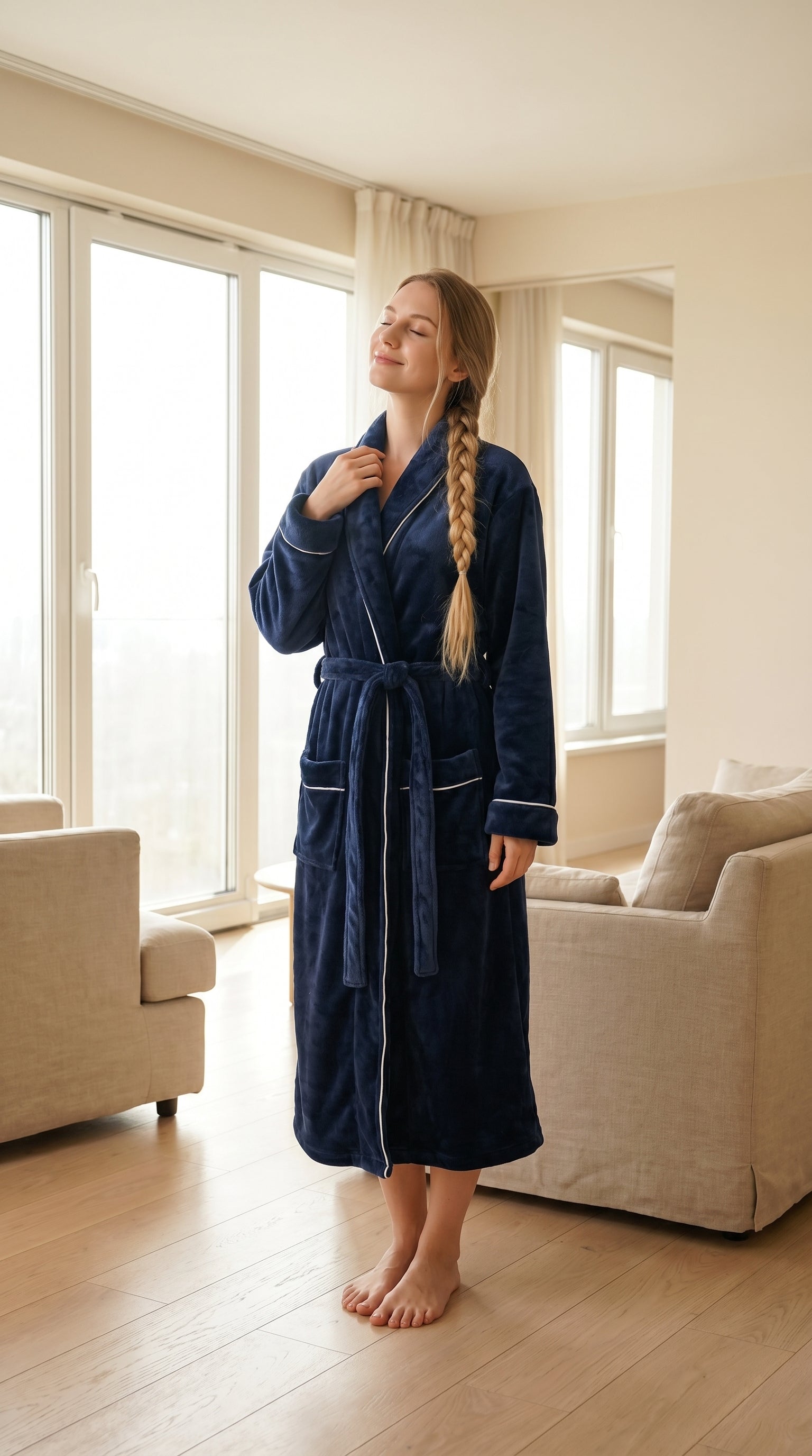Women's Fleece Bathrobe Shawl Collar Soft Warm Spa Robe