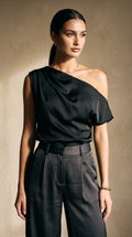 CUPSHE Women's Satin Off Shoulder Blouse Short Sleeves Elegant Asymmetrical Draped – Black XL