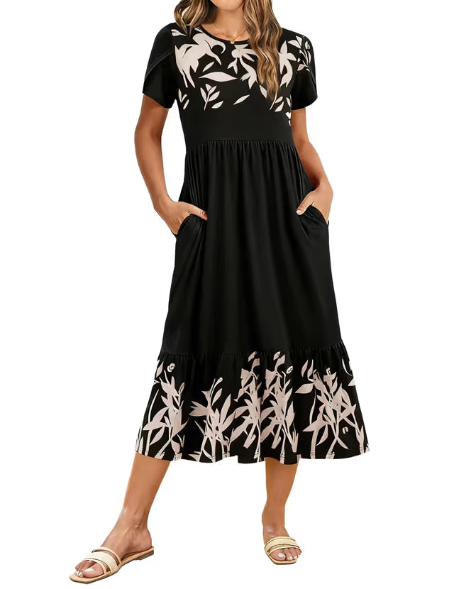 Women's Summer Floral Beach Dress Short Sleeve Crew Neck Casual – Floral XL