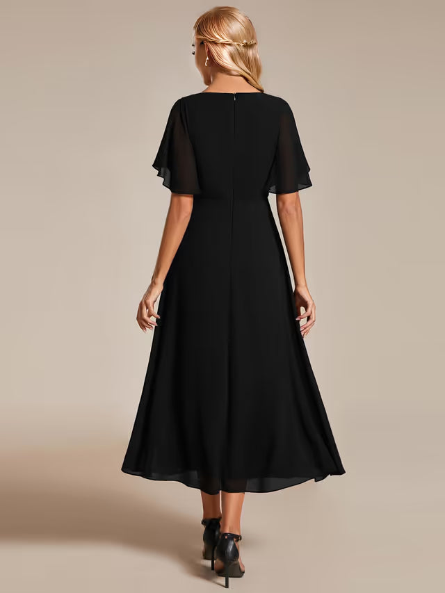 Ever-Pretty V-Neck Pleated A-Line Petite Dress for Wedding Guest – Burnt Black 10UK