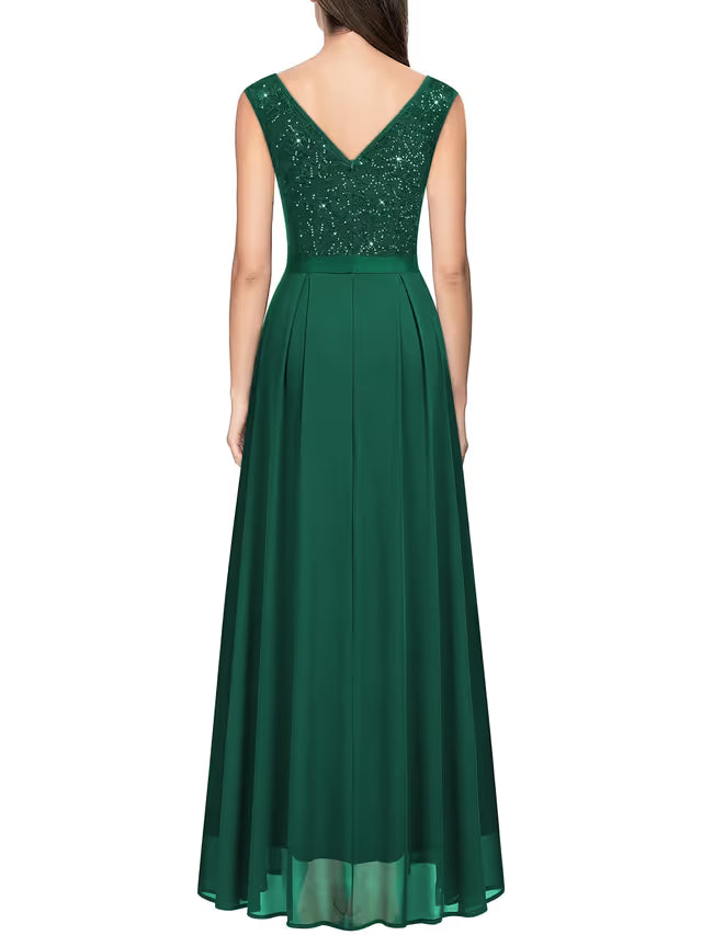 Women's Double V Neck Sequin Lace Chiffon Evening Maxi Dress – Dark Green L