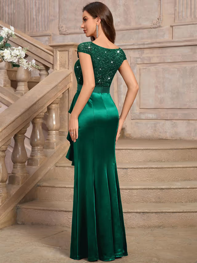 Women's Fishtail Prom Maxi Dress Floral Lace Sequin Cap Sleeves – Dark Green S