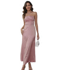 Women’s Satin Strapless Ruched Bodice Flowy Long Evening Gown – Pink XL