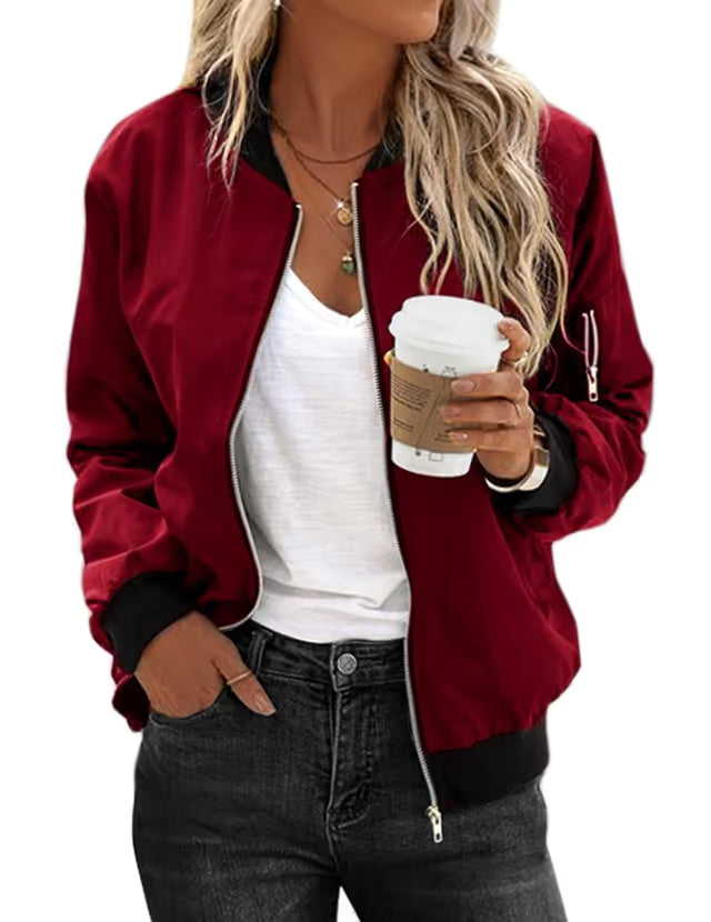 Women's Thin Bomber Jacket Lightweight Short Blouson Pilot Style – Wine Red L