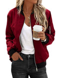 Women's Thin Bomber Jacket Lightweight Short Blouson Pilot Style – Wine Red L