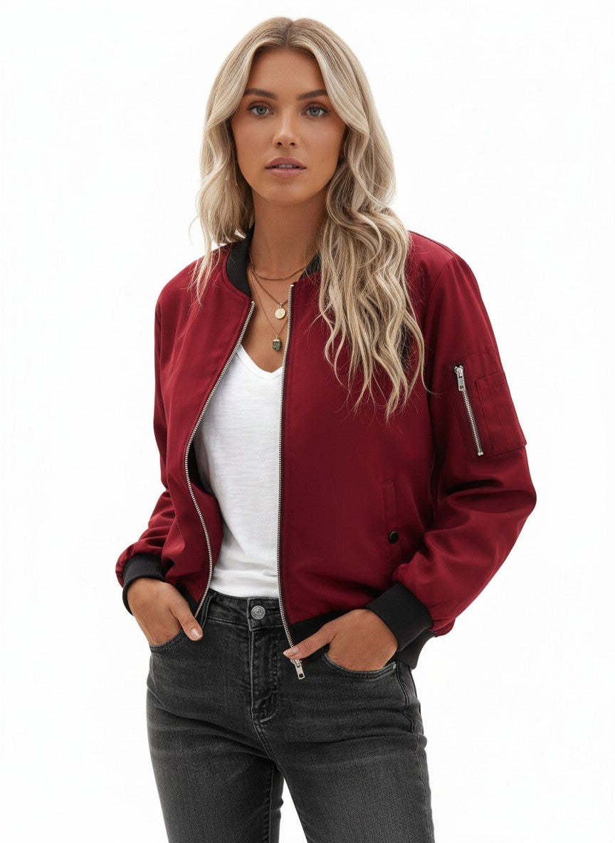 Women's Thin Bomber Jacket Lightweight Short Blouson Pilot Style – Wine Red L