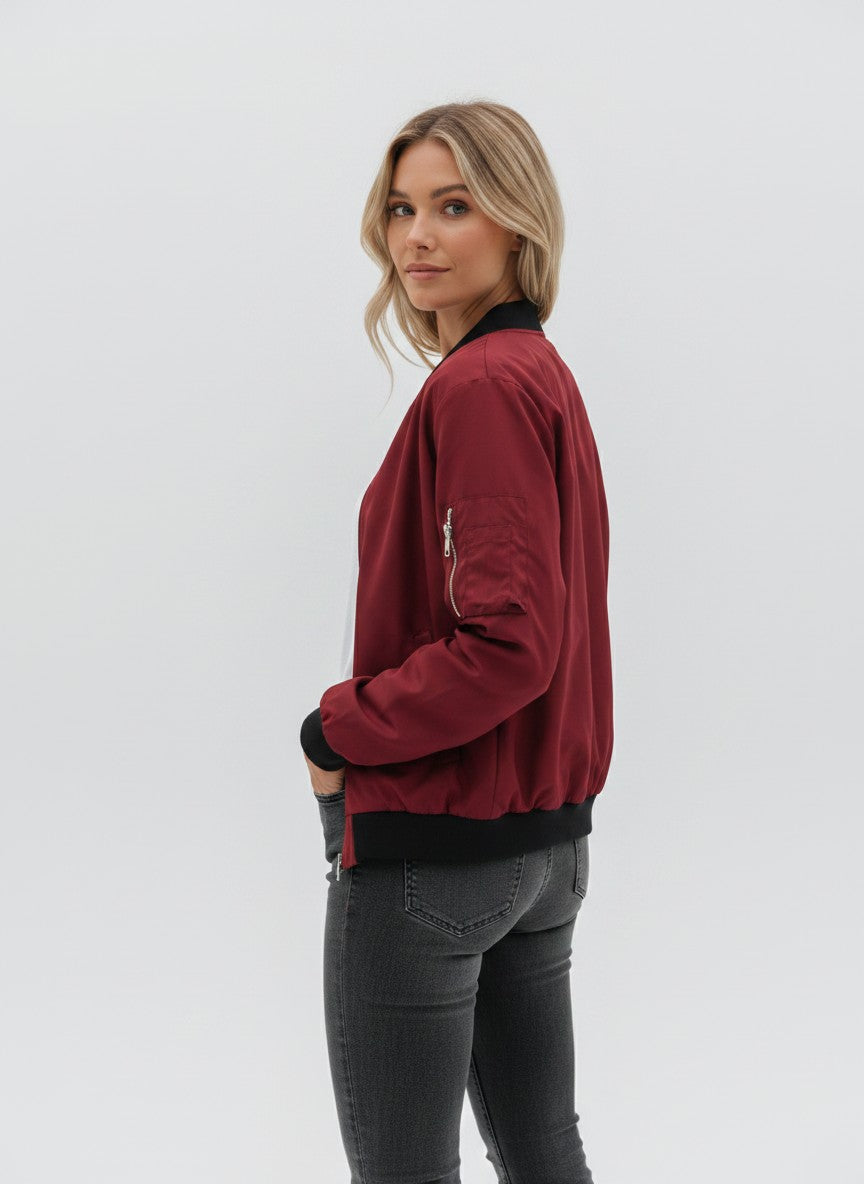 Women's Thin Bomber Jacket Lightweight Short Blouson Pilot Style – Wine Red L