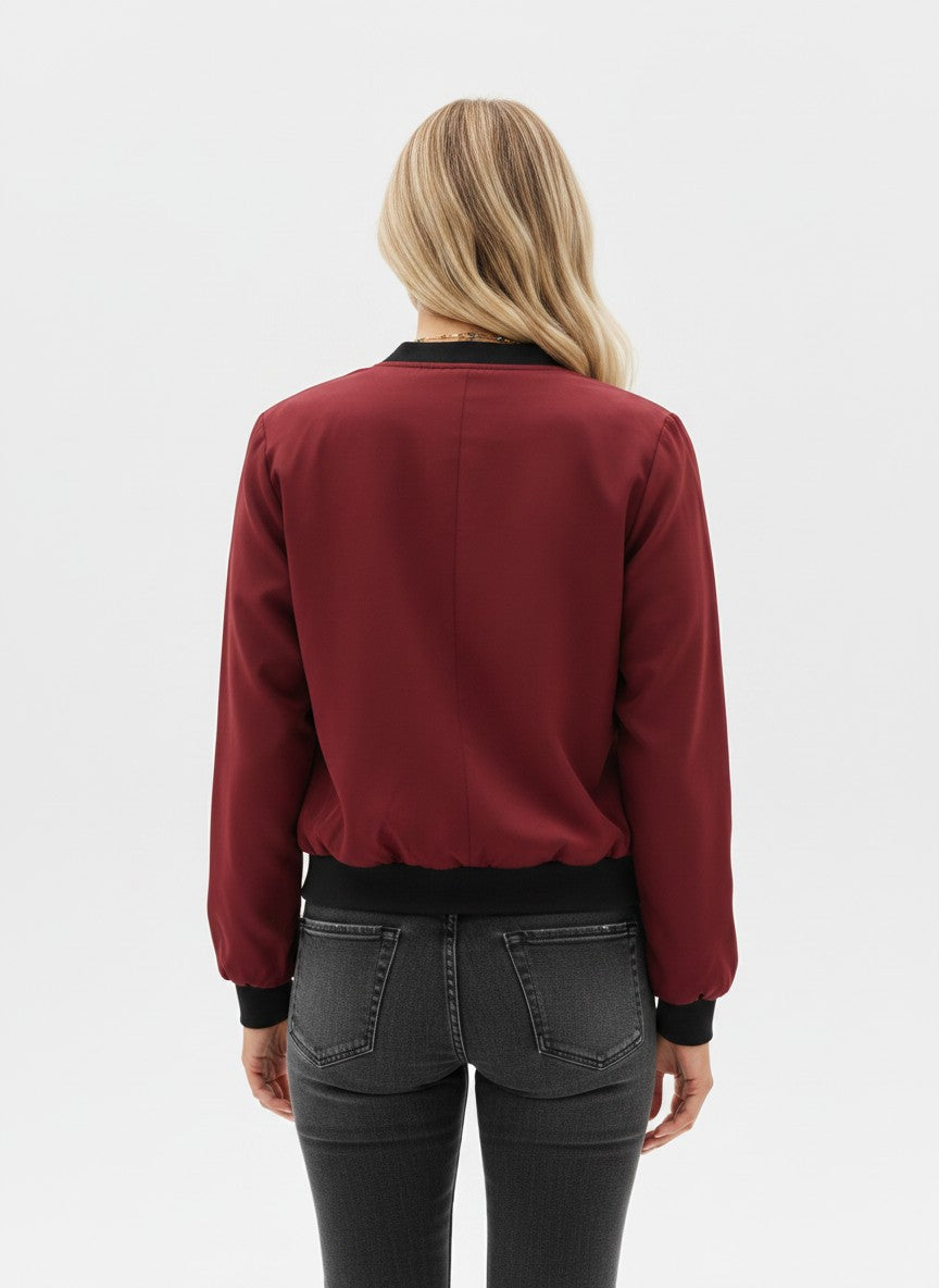 Women's Thin Bomber Jacket Lightweight Short Blouson Pilot Style – Wine Red L