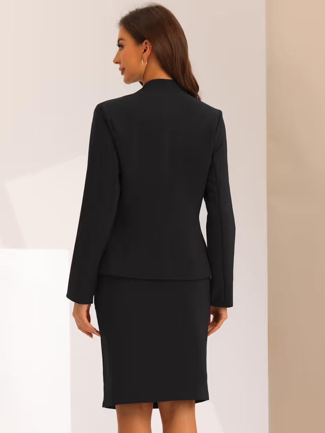 Allegra K 2-Piece Skirt Suit Collarless Blazer Pencil Skirt Office Business – Black L