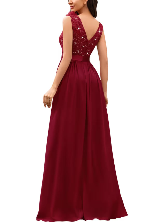 Womens Vintage V-Neck Sequined Maxi Dress – Red L