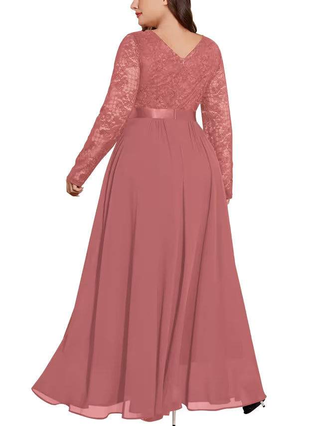 Plus-Size Floral Lace Chiffon Lantern Sleeve Rhinestone Waist Maxi Dress Formal – Dusty Pink 3XL