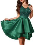 Women's Satin Homecoming Dress Sequin V-neck A-line – Dark Green S