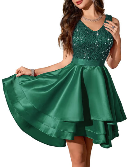 Women's Satin Homecoming Dress Sequin V-neck A-line – Dark Green S