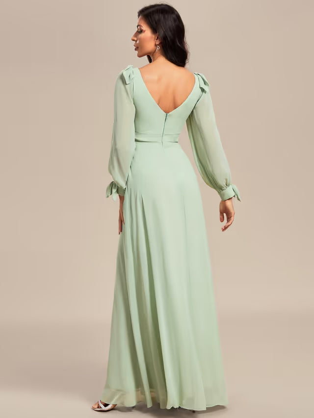 Chiffon Off-Shoulder A-Line Floor-Length Party Dress V-Neck Thigh Slit – Mint Green UK 16
