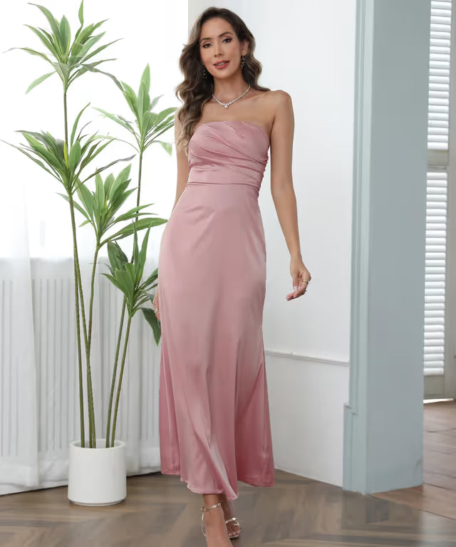Women’s Satin Strapless Ruched Bodice Flowy Long Evening Gown – Pink XL