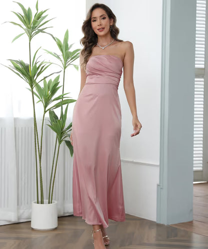Women’s Satin Strapless Ruched Bodice Flowy Long Evening Gown – Pink XL