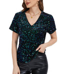 Women’s Sparkle Sequin Velvet Top Short Sleeve Glitter Blouse – Green Concert Party