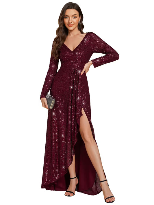 Ever-Pretty Women's Sequin Long Sleeve A-Line High-Low Maxi Dress – Burgundy UK 12