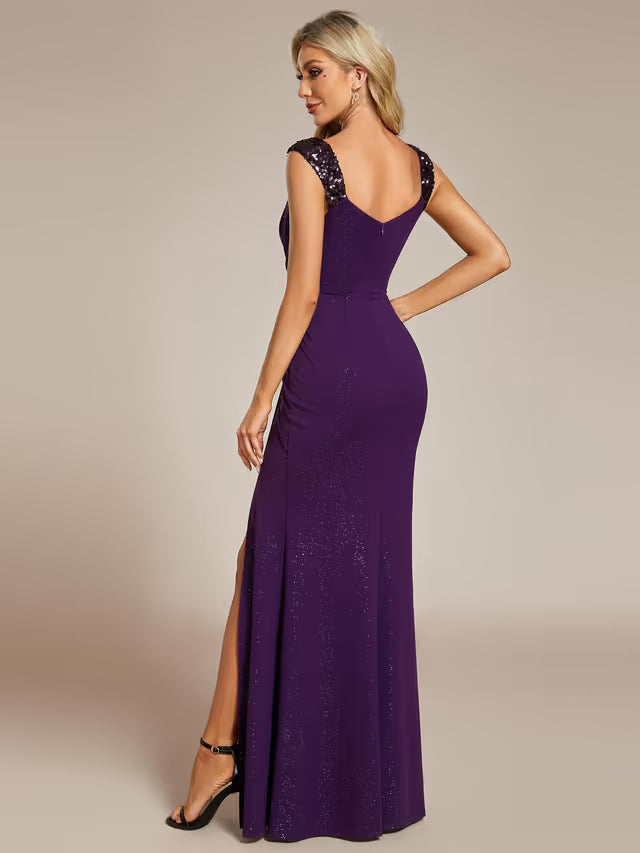 Ever-Pretty Maxi Evening Dress Sequin V-Neck High Slit Elegant – Dark Purple 10UK