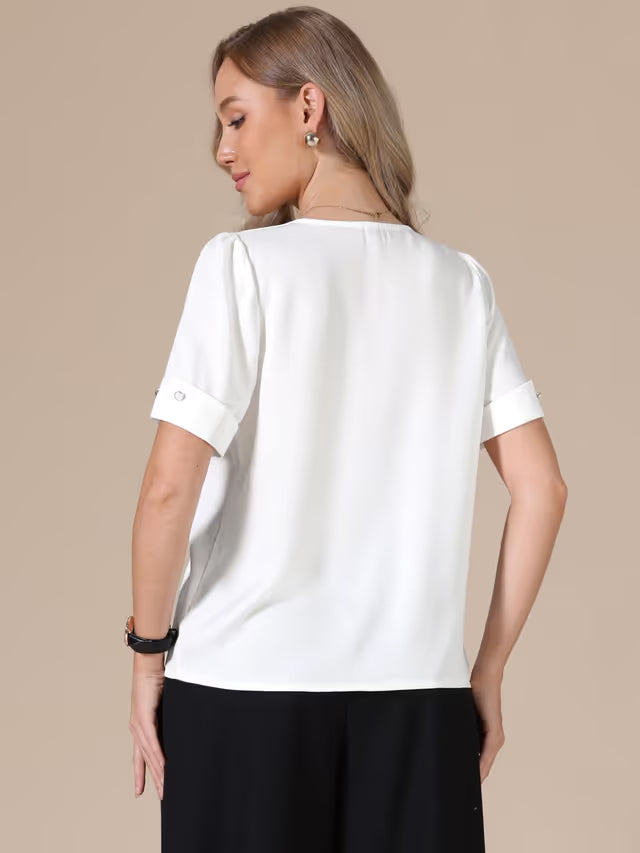 Allegra K Women's Satin Blouse V-Neck Short Sleeve Dressy Work Shirt – White M