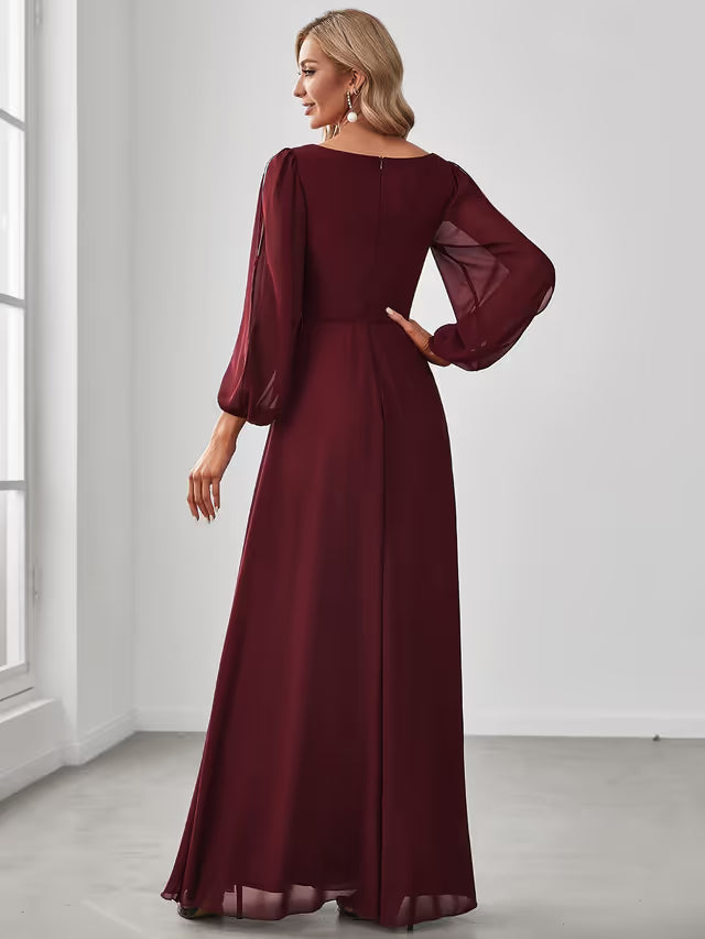 Bridesmaid Dress A-Line Deep V-Neck Appliques Pleated Long Sleeve – Burgundy 14UK