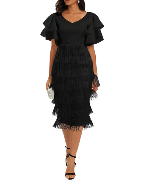 Ladies Fringe Tiered V-Neck Maxi Bodycon Dress – Black XL