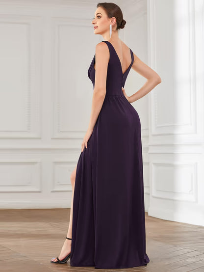 Sleeveless V-neck Stretch Floor-Length Evening Dress Side Split – Dark Purple UK20
