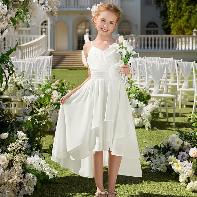 GRACE KARIN Girls Spaghetti Strap Chiffon A-Line Flower Dress Bridesmaid – White Age 10
