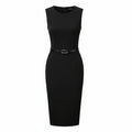 Women's Sleeveless Belted Sheath Dress Round Neck Office Casual – Black M