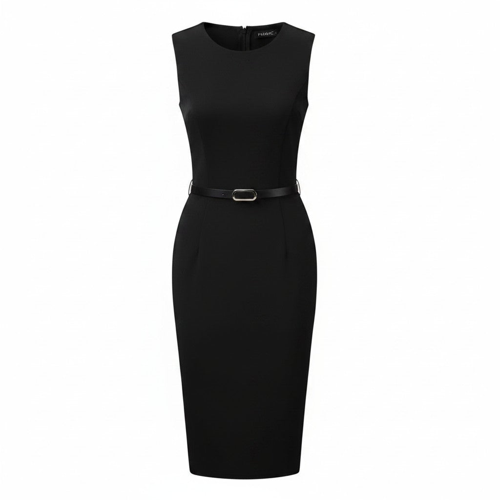 Women's Sleeveless Belted Sheath Dress Round Neck Office Casual – Black M