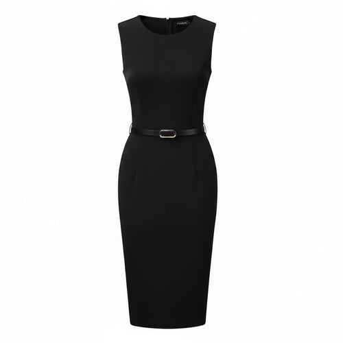 Women's Sleeveless Belted Sheath Dress Round Neck Office Casual – Black M