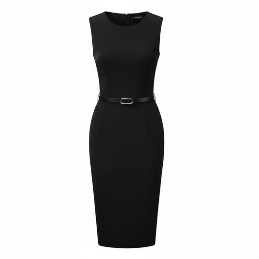 Women's Sleeveless Belted Sheath Dress Round Neck Office Casual – Black M