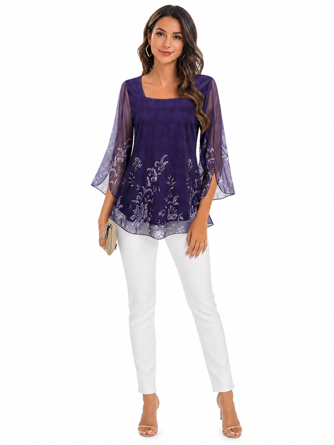 3/4 Sleeve Ruffle Tunic Tops Women's Size 2XL Purple Floral Square Neck Pull On