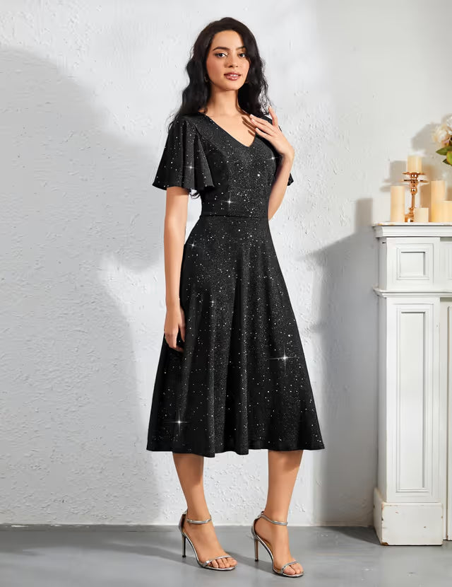 Bridesmay Sequin Midi Cocktail Dress Sparkly Party Bridesmaid – Black 2XL