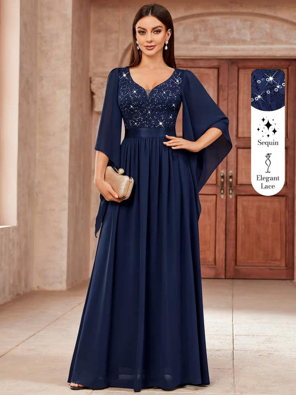 MIUSOL Lace Sequin Evening Dress Women's Small Navy Blue Flare Sleeves Zip Up