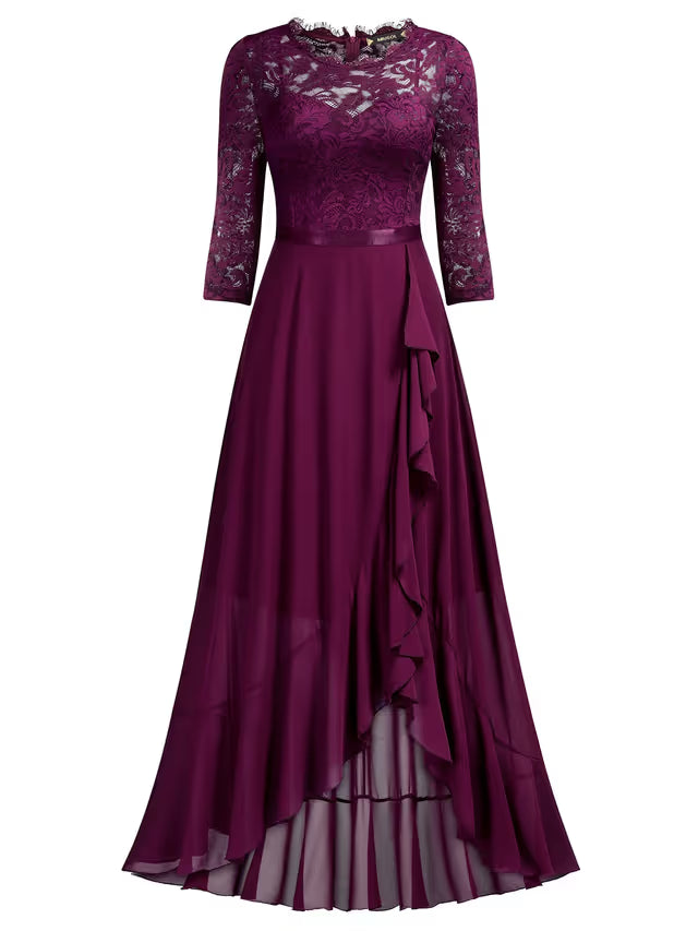 Miusol Elegant Floral Lace Ruffle Maxi Dress Women's Medium Magenta Scoop Neck