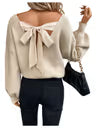 Women's Bow Knot Tie Back Jumper Deep V Neck Long Sleeve Pullover – Apricot L