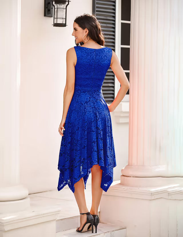 Women's Lace Cocktail Dress Sleeveless Asymmetric V-Neck A-line – Royal Blue S