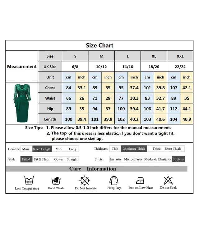 V-Neck Lace Bodycon Cocktail Dress 3/4 Sleeve Sequins Version – Dark Green L