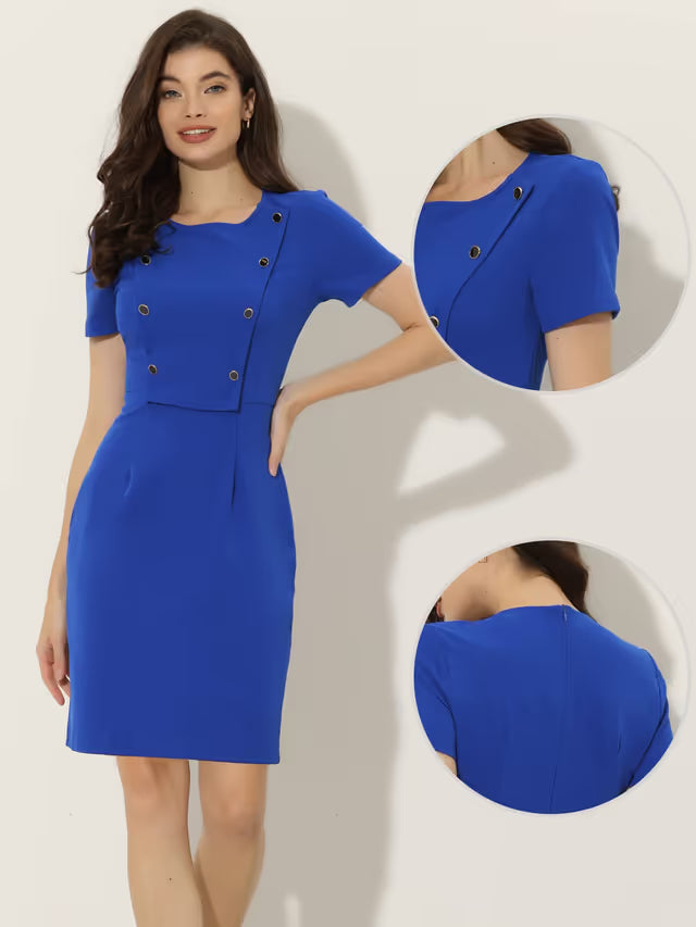 Allegra K Sheath Dress for Women's Saint Business Casual Round Neck Short Sleeve Knit Bodycon Dresses Royal Blue L