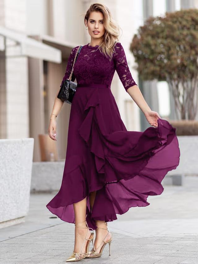 Miusol Elegant Floral Lace Ruffle Maxi Dress Women's Medium Magenta Scoop Neck