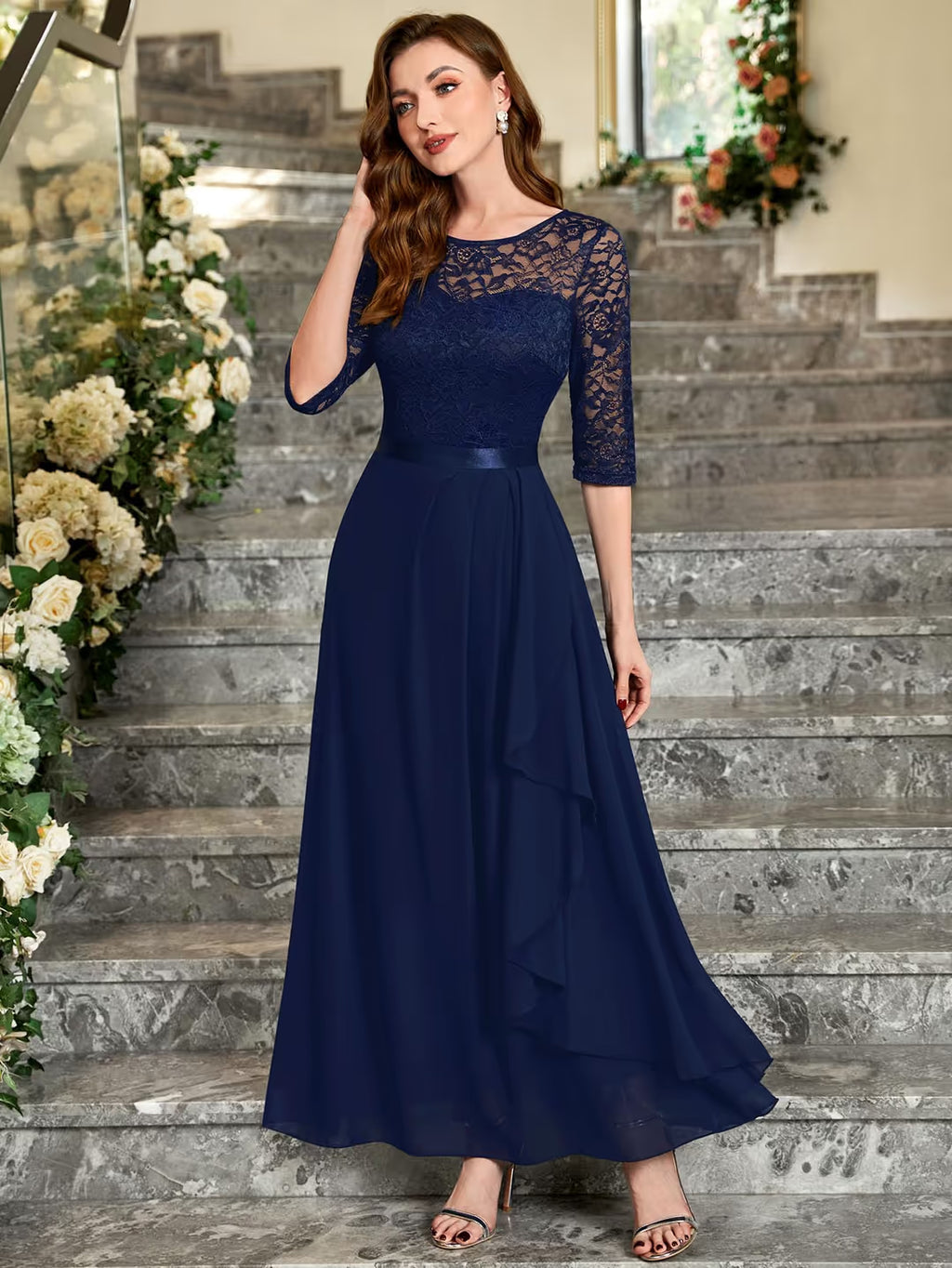 MIUSOL Floral Lace Maxi Dress Women's Size XXL Navy Blue Half Sleeves Vintage