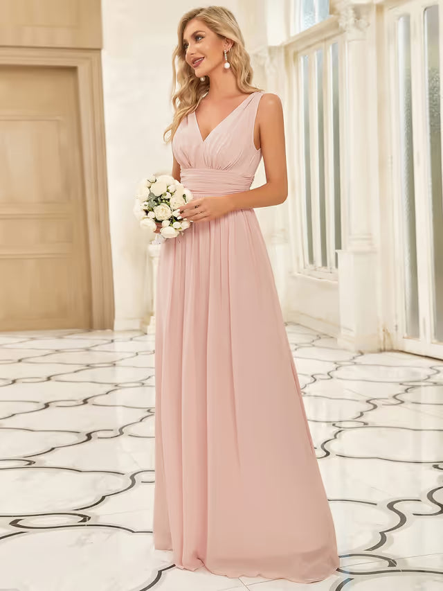 Ever-Pretty Bridesmaid Dress Classic V-Neck Empire Waist Chiffon A-line – Pink