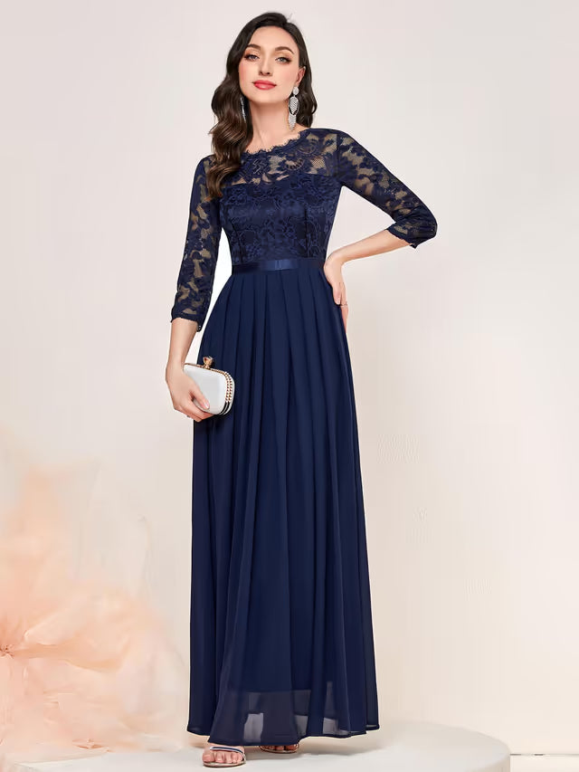 Women's Retro Floral Lace 3/4 Sleeve Maxi Dress – Navy Blue L