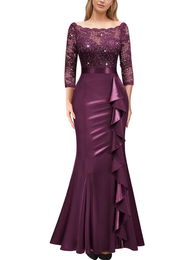 Women's 3/4-Sleeve Lace Sequin Ruffle Fishtail Maxi Dress – Maroon L