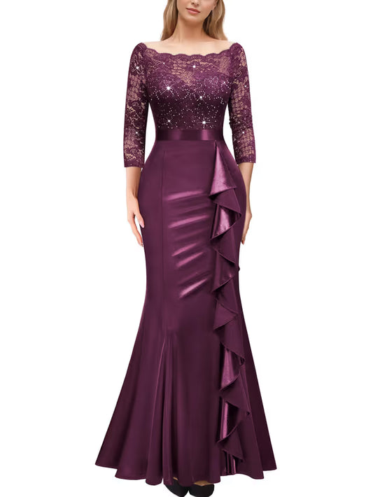 Women's 3/4-Sleeve Lace Sequin Ruffle Fishtail Maxi Dress – Maroon L